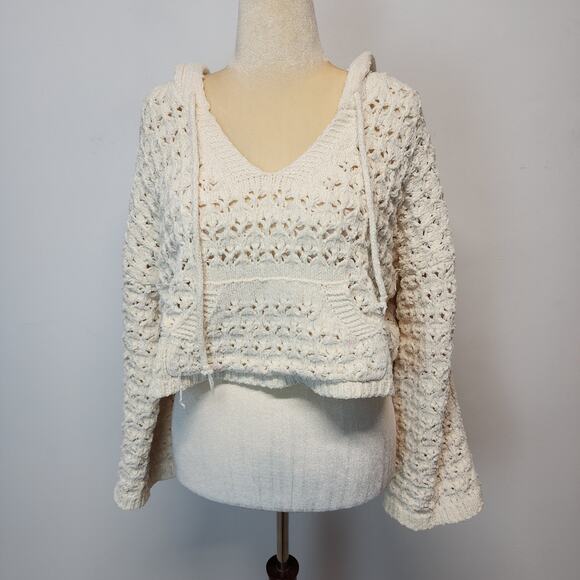 POL Flare Sleeve Oversized Sweater Size L Cream Crop Pointelle Hooded Chenille - Picture 1 of 14